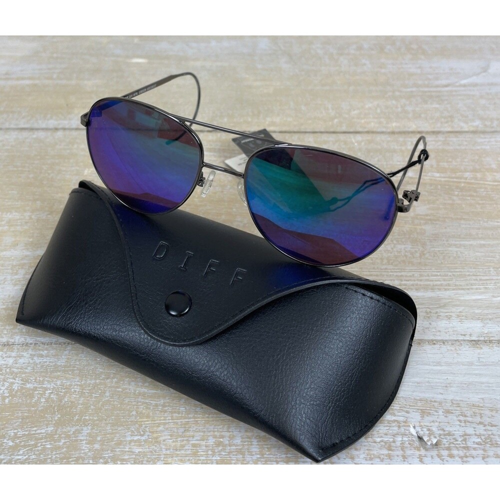 *NWT Cheap Monday FLY GunMetal Aviator Blue Mirror Sunglasses w/DIFF Travel Case